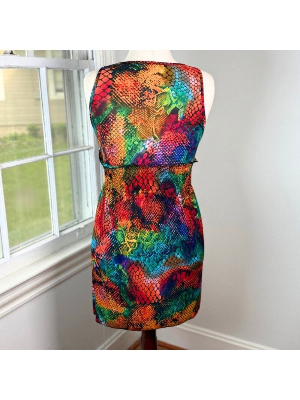 Rainbow Neon Snakeskin Smocked Fit and Flare Beach Mini Dress One Size Y2K Rave - Picture 4 of 10